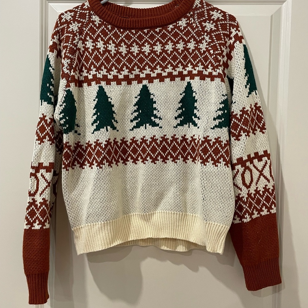 SHEIN Holiday Tree Pattern Sweater - Cream, Brown, Green